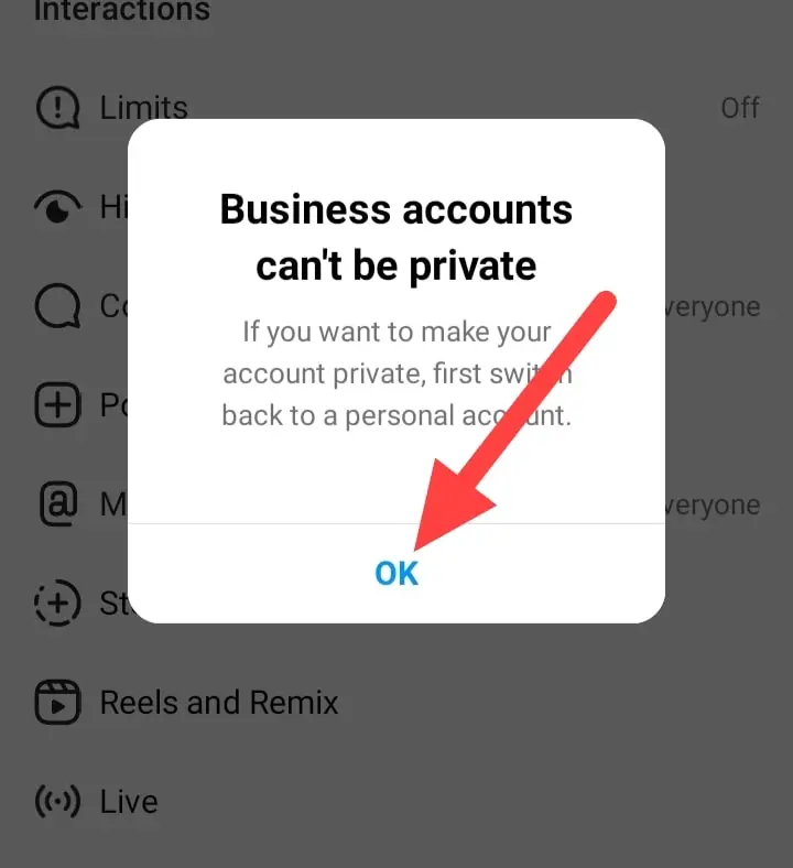 Business accounts can't be private