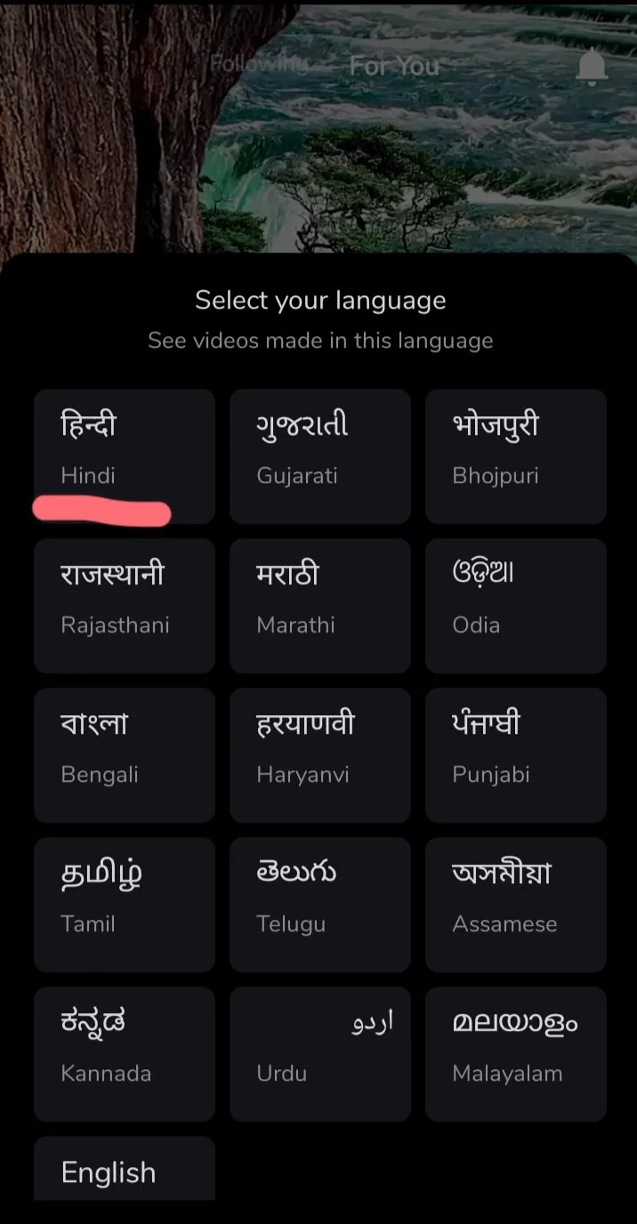 जैसे ही आप आपके Phone मे Moj App Open करेंगे, आपके सामने सभी भाषा आ जायेगी उसमे से आपको जो भाषा Select करनी हो वह भाषा Select करें