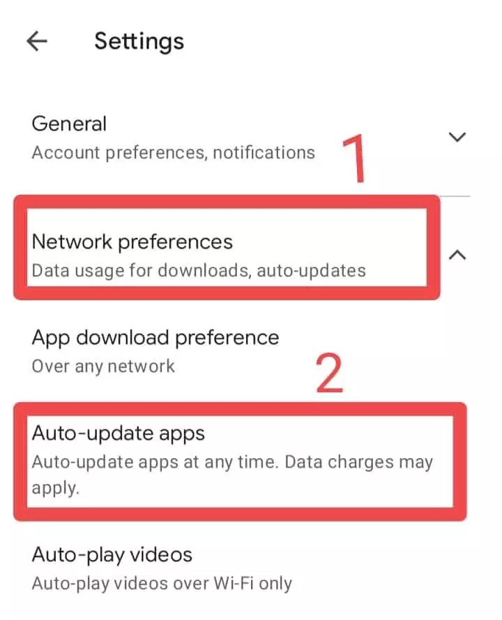 अब आपको Network Preference का Option दिखेगा उसपे Click करे और उसके बाद Auto-Update Apps पे Click करे